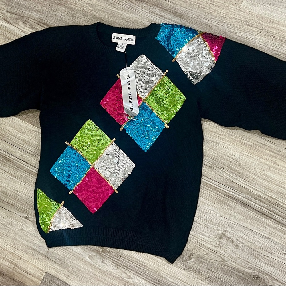 Vtg Victoria Harbour Sequin Sweater NWT Black Ramie Cotton Deadstock S Geometric
